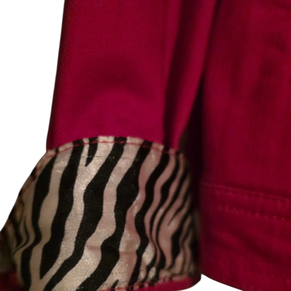 Zebra Lined Collar & Cuffs, Large Sparkle Jeweled Buttons, Red Denim Jacket - Picture 7 of 12